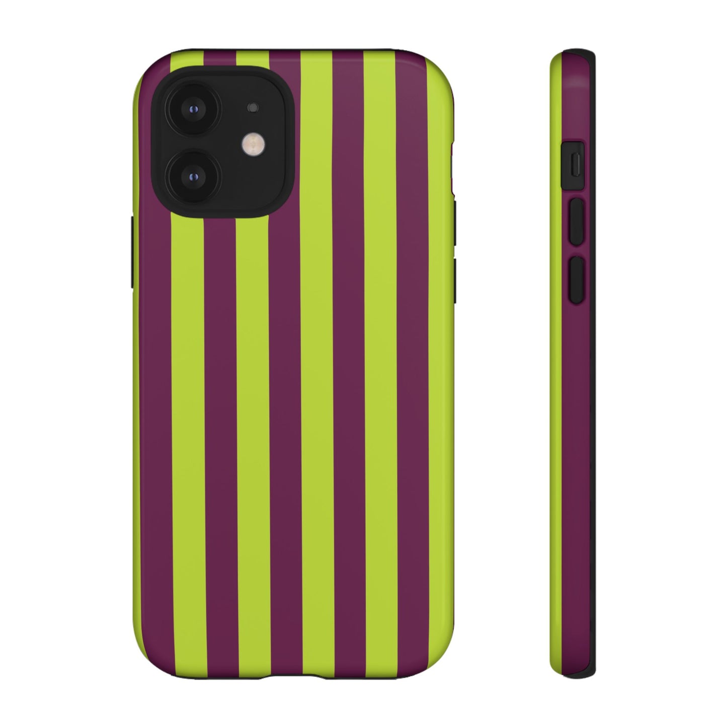 iPhone 12 / Glossy Phone Case - Trendy Neon Lime Green & Plum Stripe Pattern Phone Case