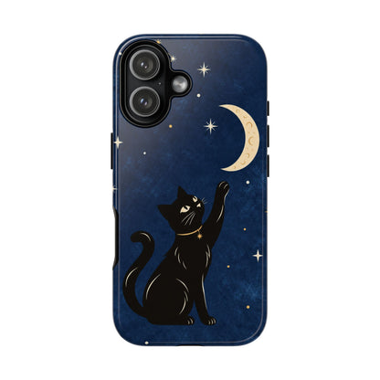 Whimsical Navy Blue Celestial Black Cat Phone Case