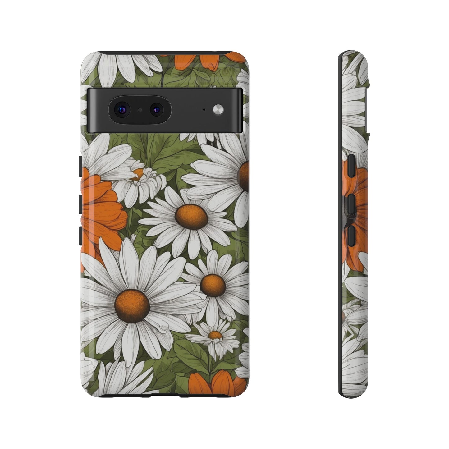Google Pixel 7 / Glossy Phone Case - Boho Chic Daisies Floral Pattern ’White Orange & Green’ Phone Case