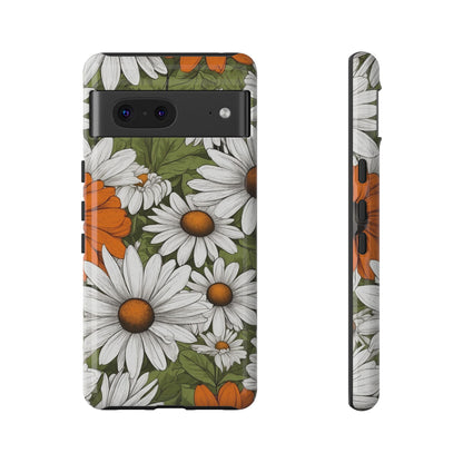 Google Pixel 7 / Glossy Phone Case - Boho Chic Daisies Floral Pattern ’White Orange & Green’ Phone Case