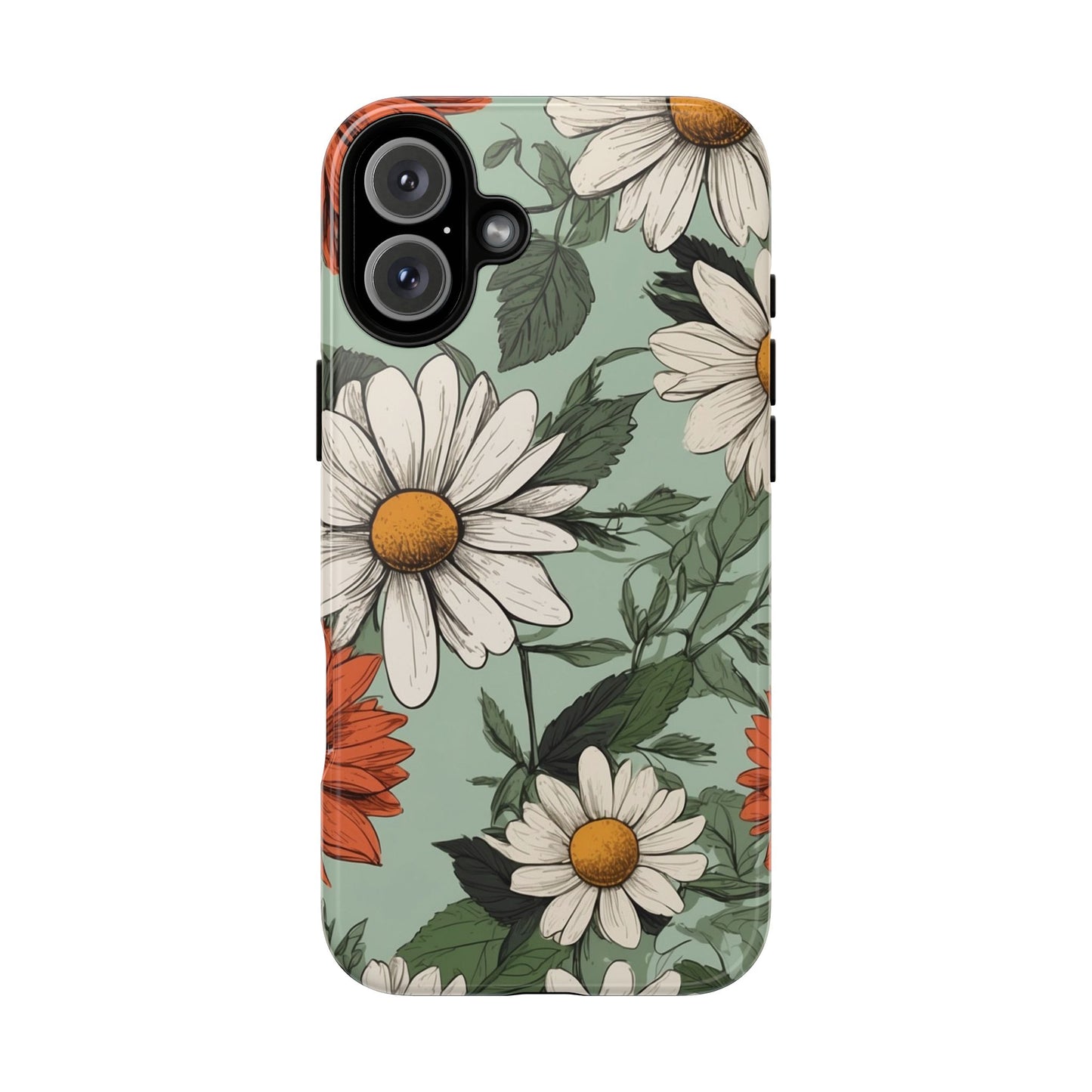 iPhone 16 Plus / Glossy Phone Case - Boho Chic Daisies Floral Pattern ’White & Orange’ Phone Case