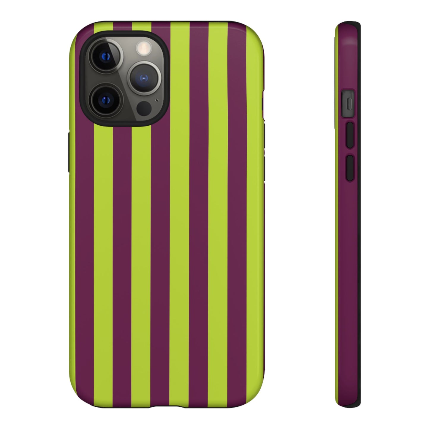 iPhone 12 Pro Max / Glossy Phone Case - Trendy Neon Lime Green & Plum Stripe Pattern Phone Case