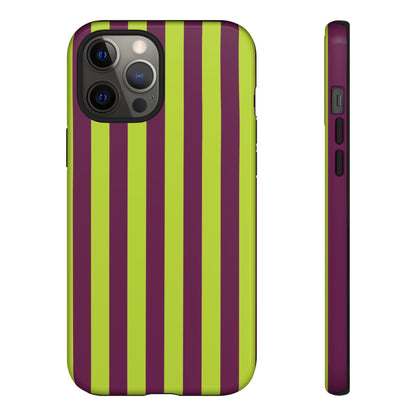 iPhone 12 Pro Max / Glossy Phone Case - Trendy Neon Lime Green & Plum Stripe Pattern Phone Case