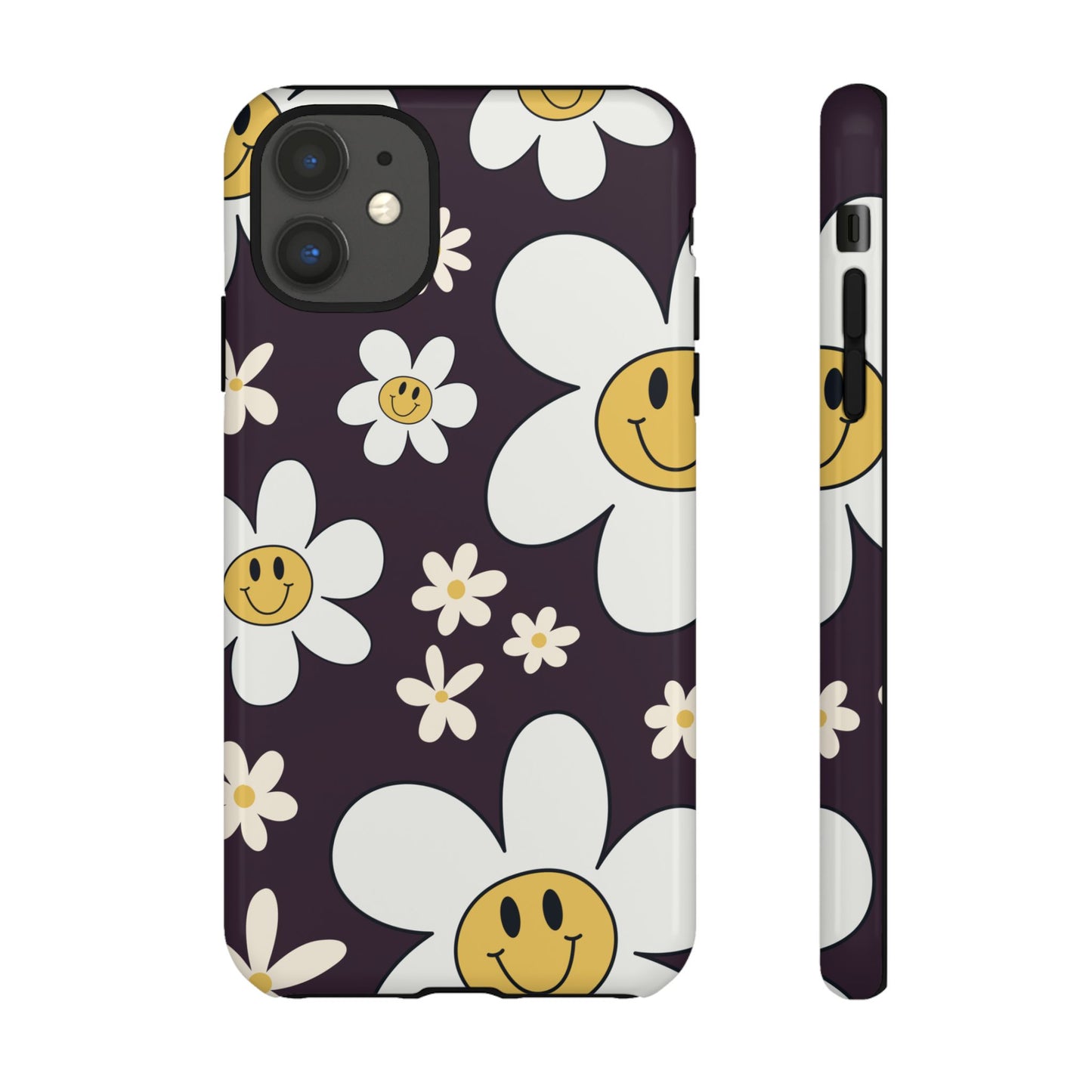 iPhone 11 / Glossy Phone Case - Fun Retro Daisy Pattern with Purple Background Phone Case