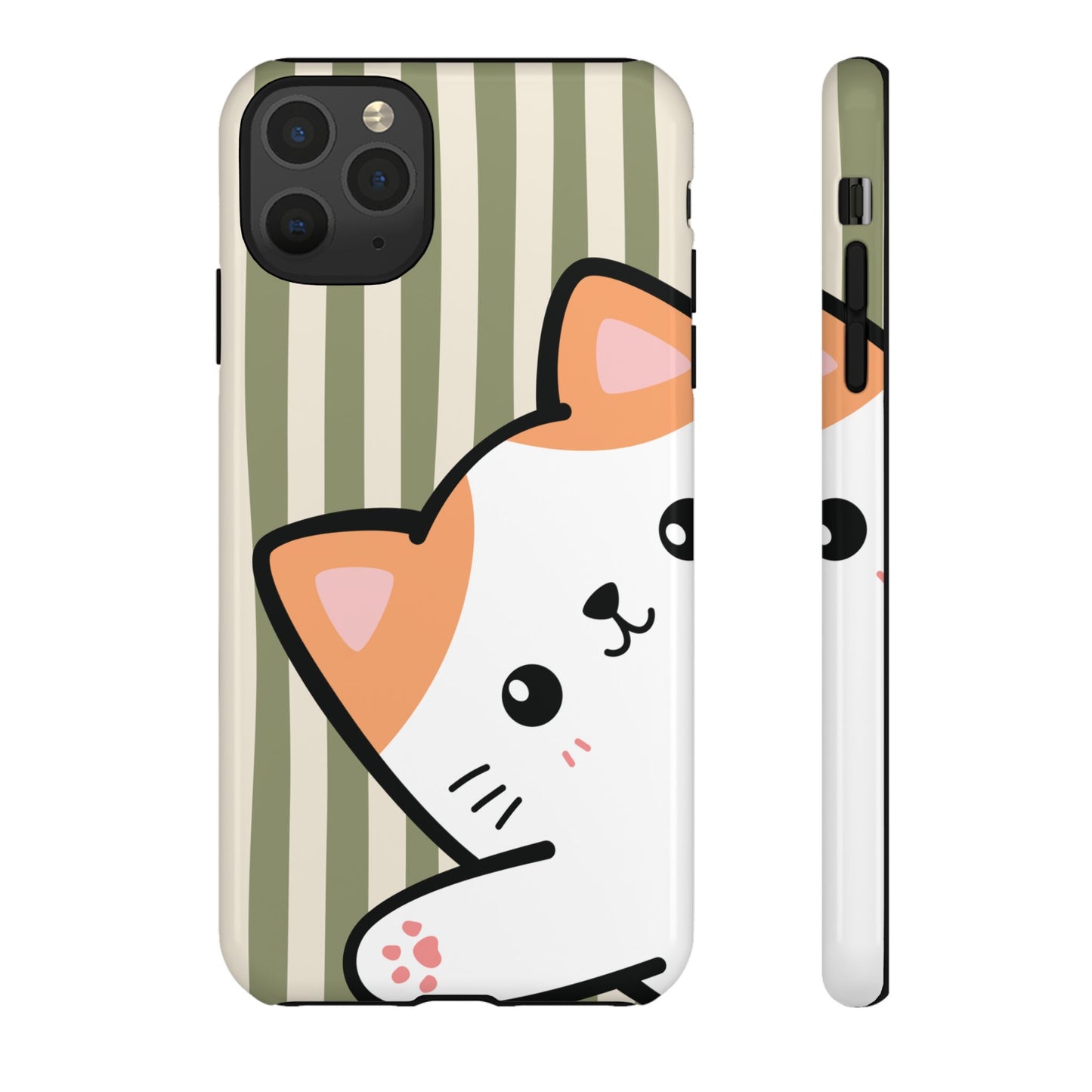 iPhone 11 Pro Max / Glossy Phone Case - Peakaboo Cat with Green Stripe Pattern Phone Case