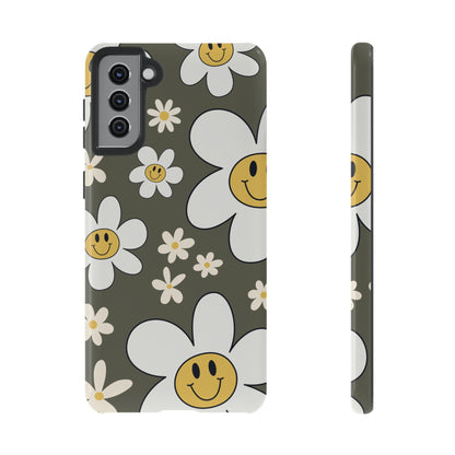 Fun Retro Daisy Pattern with Olive Green Background Phone Case - Green Phone Case - Samsung Galaxy S21 Plus / Glossy