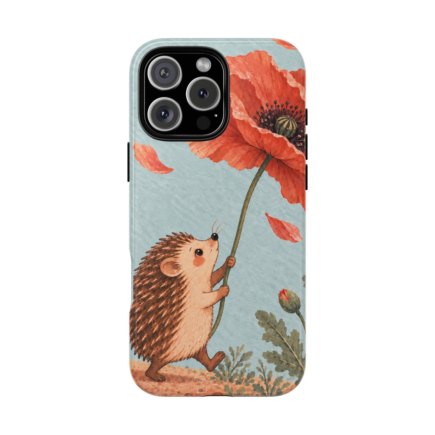 Whimsical Pale Blue Hedgehog and Poppy Phone Case - Blue Phone Case - iPhone 16 Pro Max / Glossy