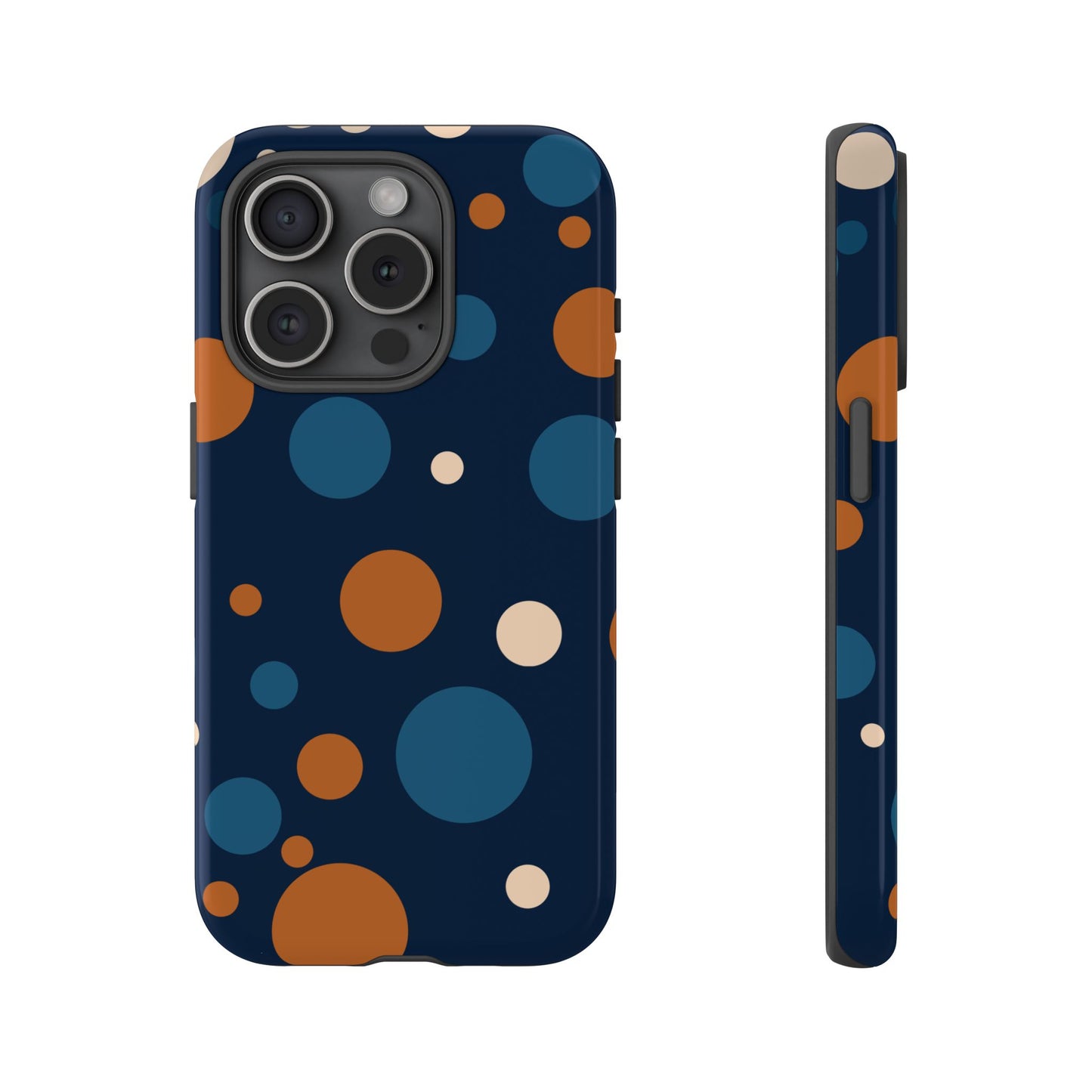 iPhone 15 Pro / Glossy Phone Case - ’Bold Navy Blue & Orange / White Dot Pattern’ Phone Case