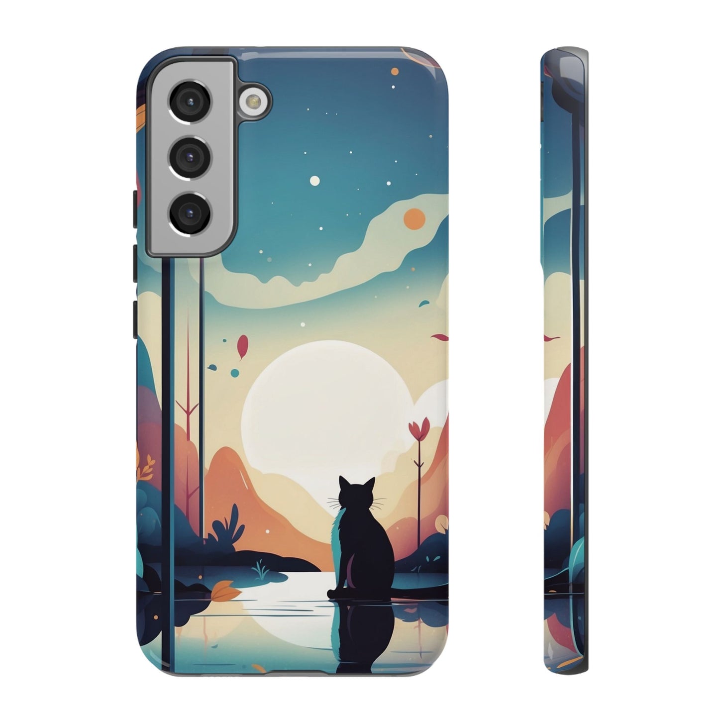 Samsung Galaxy S22 Plus / Glossy Phone Case - Stylised Cat & Moon Design Phone Case