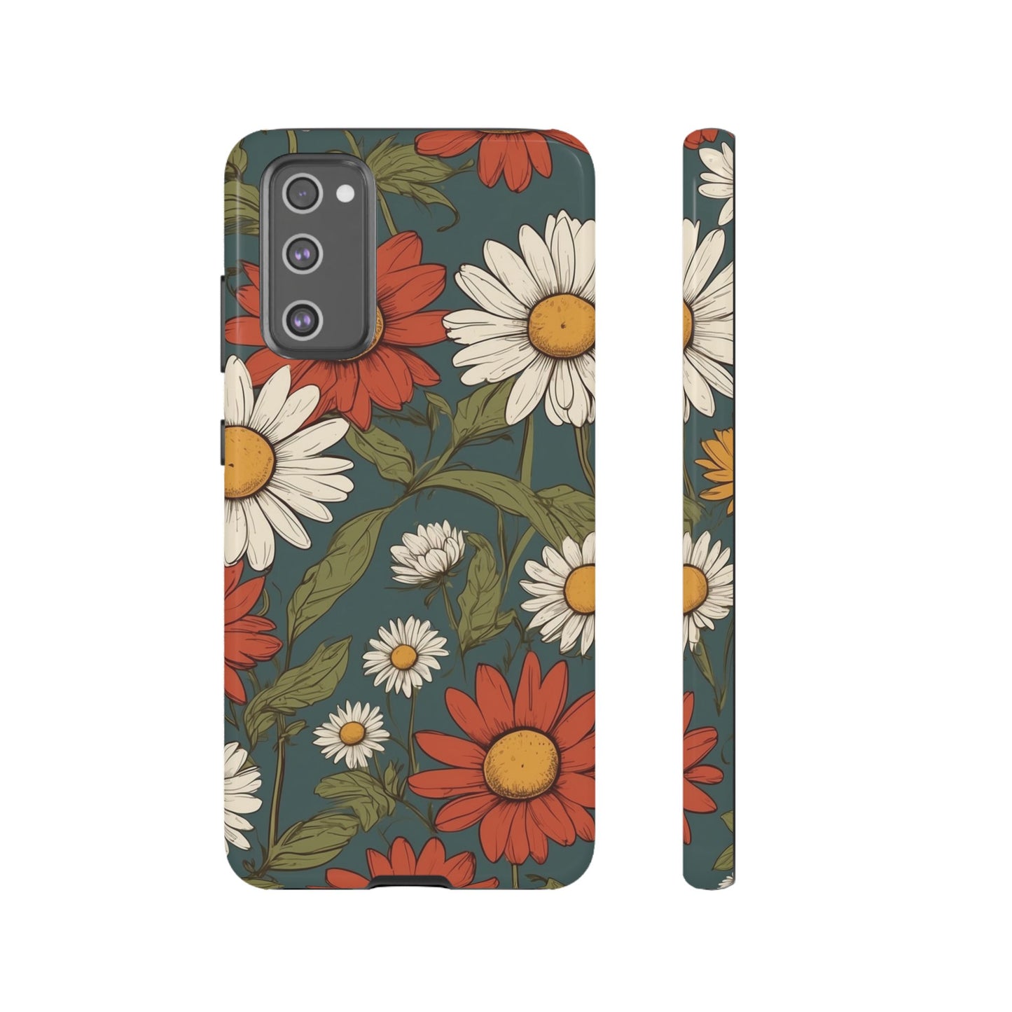Samsung Galaxy S20 FE / Glossy Phone Case - Boho Chic Daisies Floral Pattern ’White & Red’ Phone Case