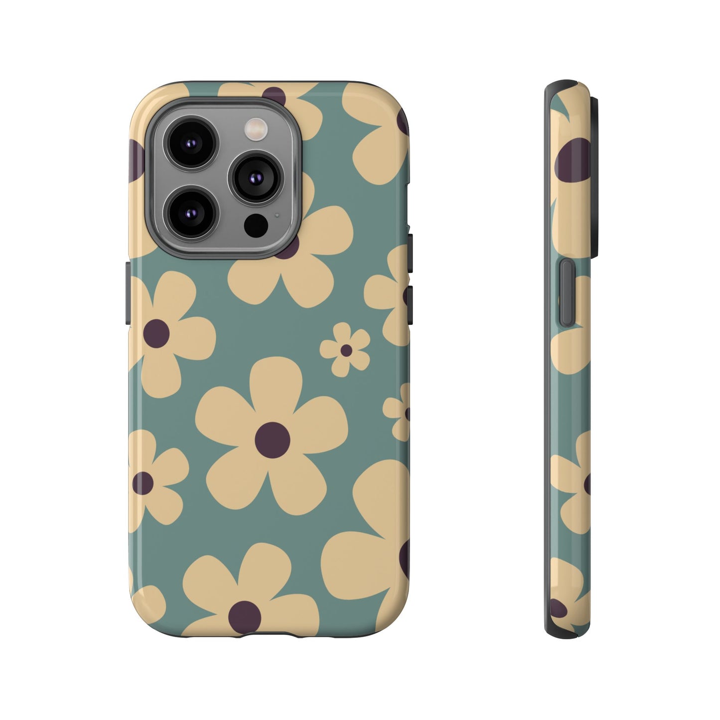iPhone 14 Pro / Glossy Phone Case - Cute Blue & Cream Daisy Pattern Phone Case
