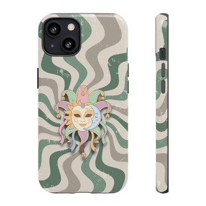 iPhone 13 / Glossy Phone Case - Sun & Moon Jester Mask – Green Retro Wave Phone Case