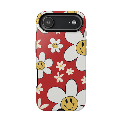 iPhone 17 Air / Glossy Phone Case - Fun Retro Daisy Pattern with Red Background Phone Case