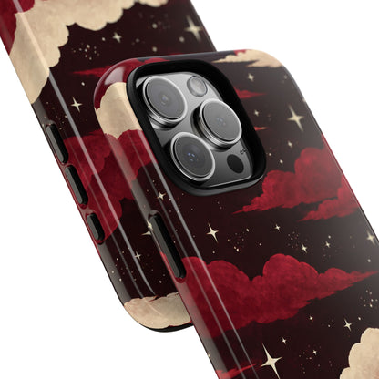 Illustrated Crimson Red Clouds & Stars Phone Case