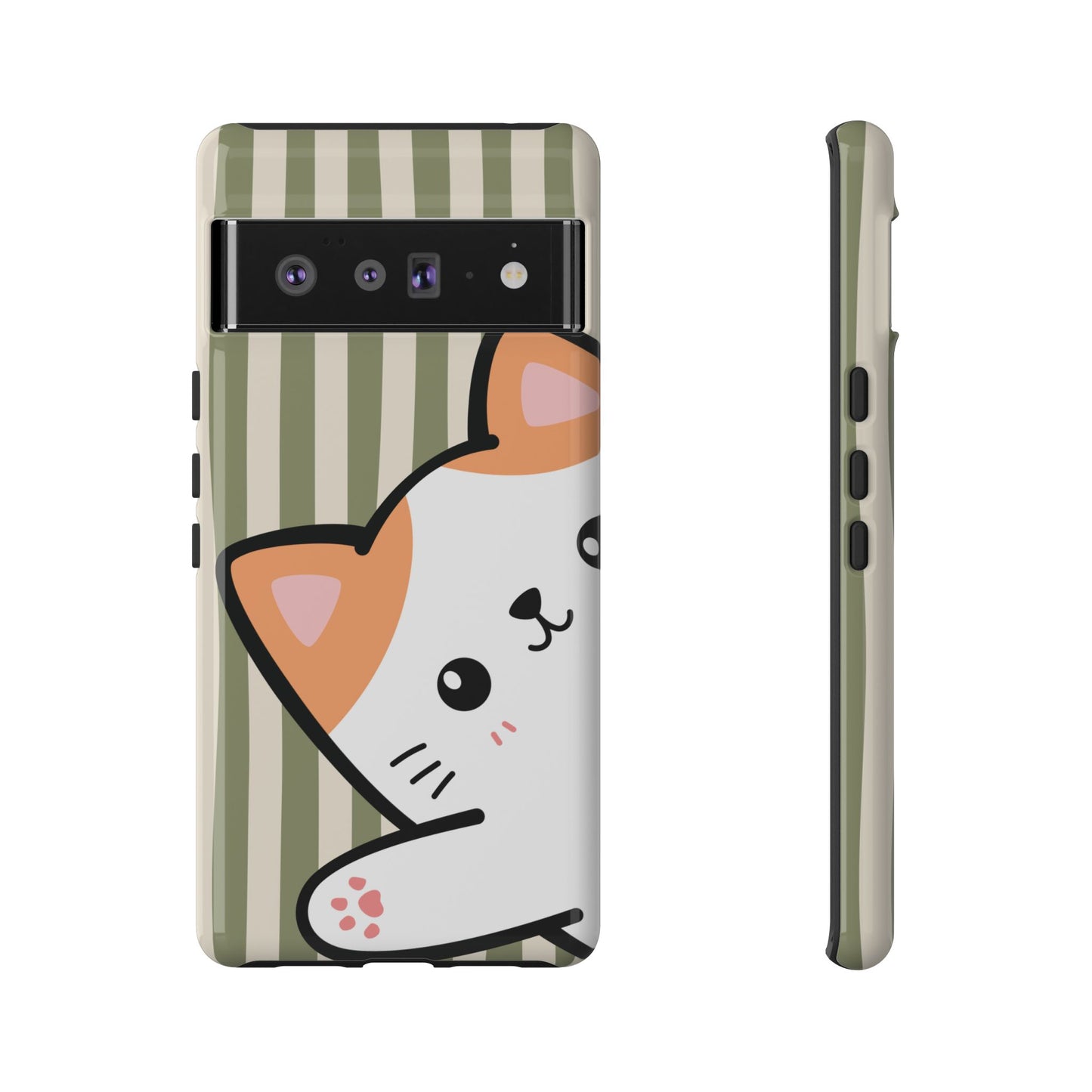 Google Pixel 6 Pro / Glossy Phone Case - Peakaboo Cat with Green Stripe Pattern Phone Case