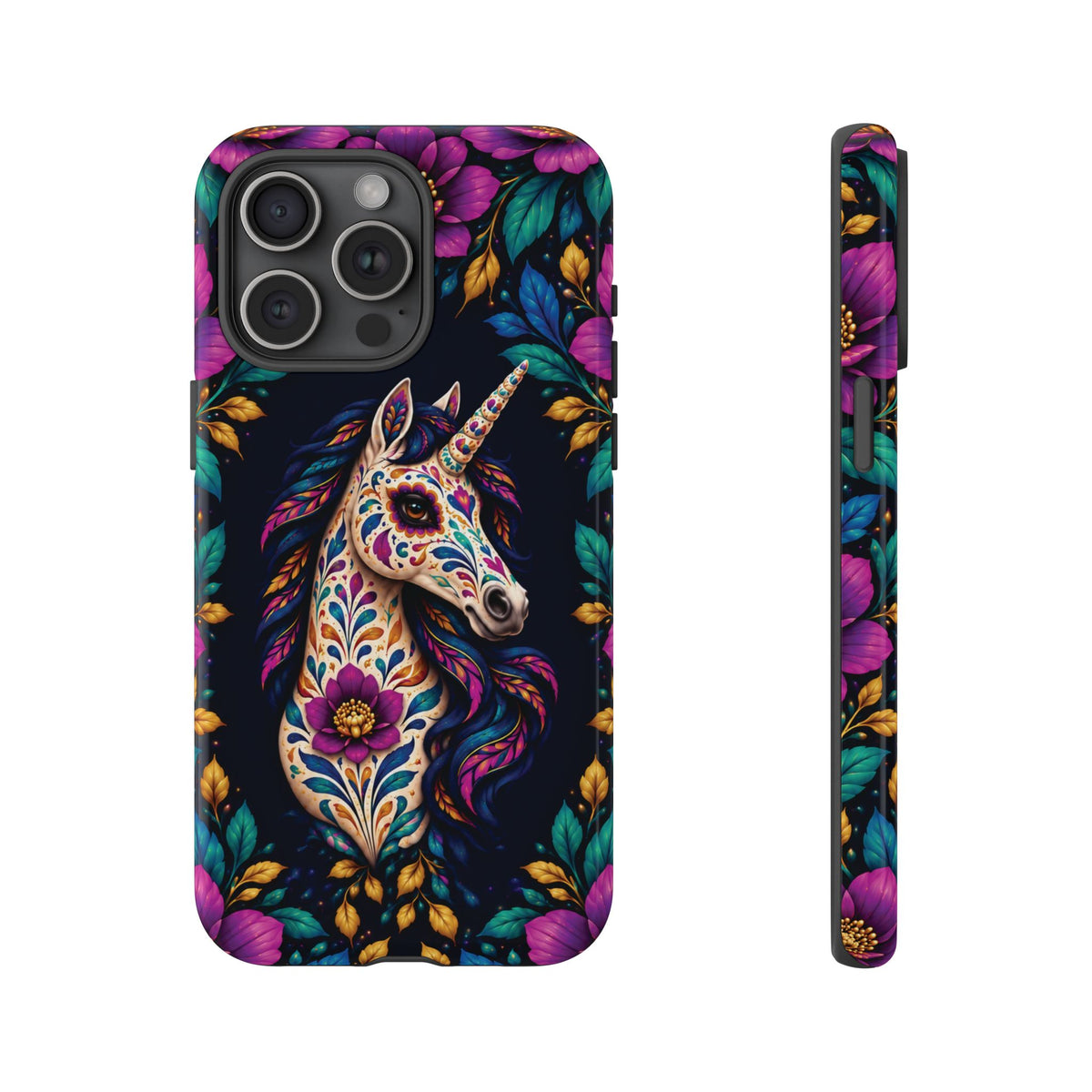 Elegant Purple and Teal Calavera Unicorn Phone Case - Phone Case - iPhone 15 Pro Max / Glossy