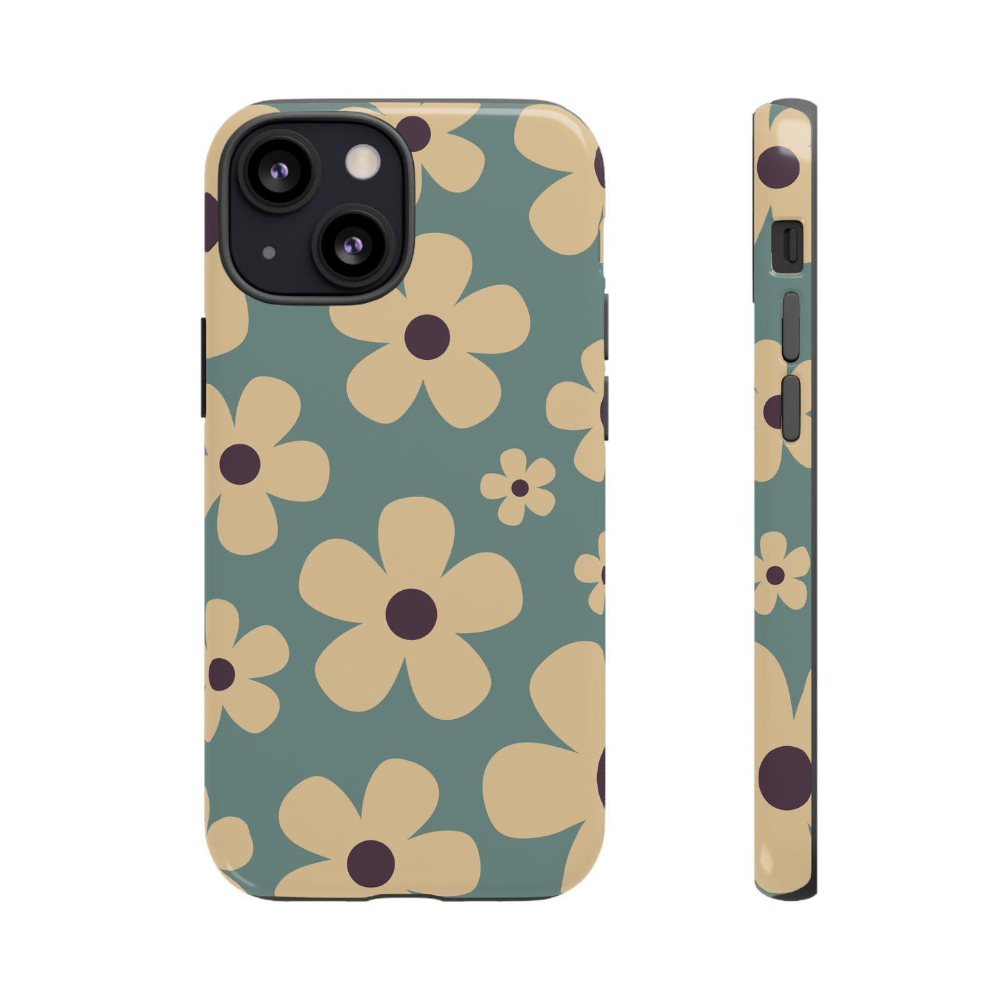 iPhone 13 Mini / Glossy Phone Case - Cute Blue & Cream Daisy Pattern Phone Case