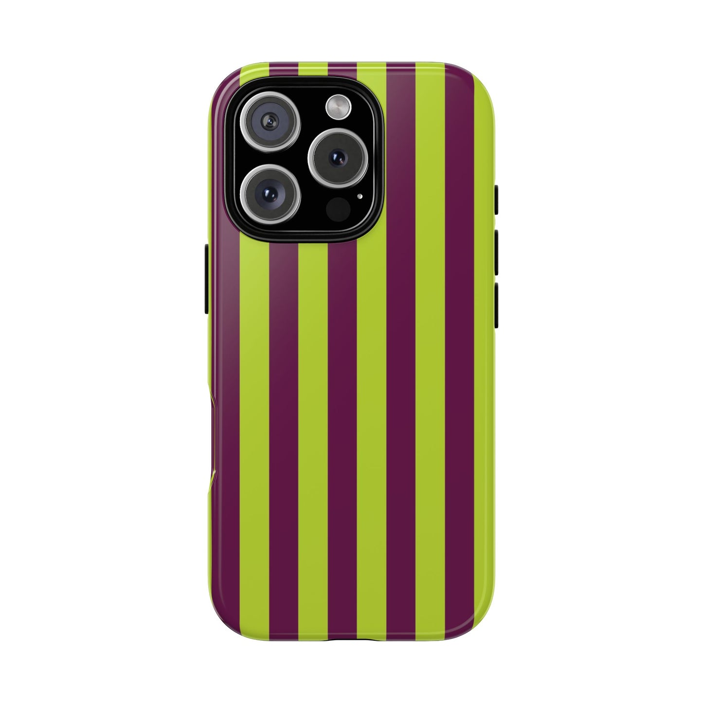iPhone 16 Pro / Glossy Phone Case - Trendy Neon Lime Green & Plum Stripe Pattern Phone Case