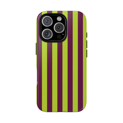 iPhone 16 Pro / Glossy Phone Case - Trendy Neon Lime Green & Plum Stripe Pattern Phone Case