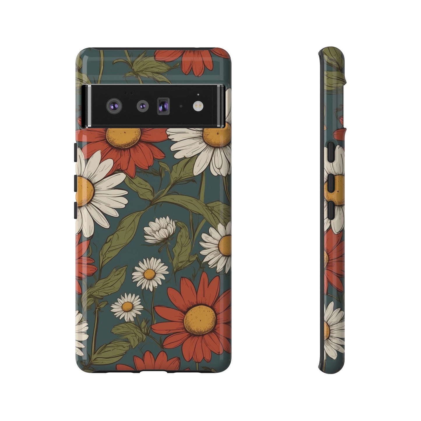 Google Pixel 6 Pro / Glossy Phone Case - Boho Chic Daisies Floral Pattern ’White & Red’ Phone Case