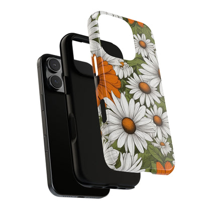 Phone Case - Boho Chic Daisies Floral Pattern ’White Orange & Green’ Phone Case