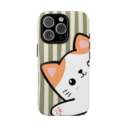 iPhone 16 Pro / Glossy Phone Case - Peakaboo Cat with Green Stripe Pattern Phone Case