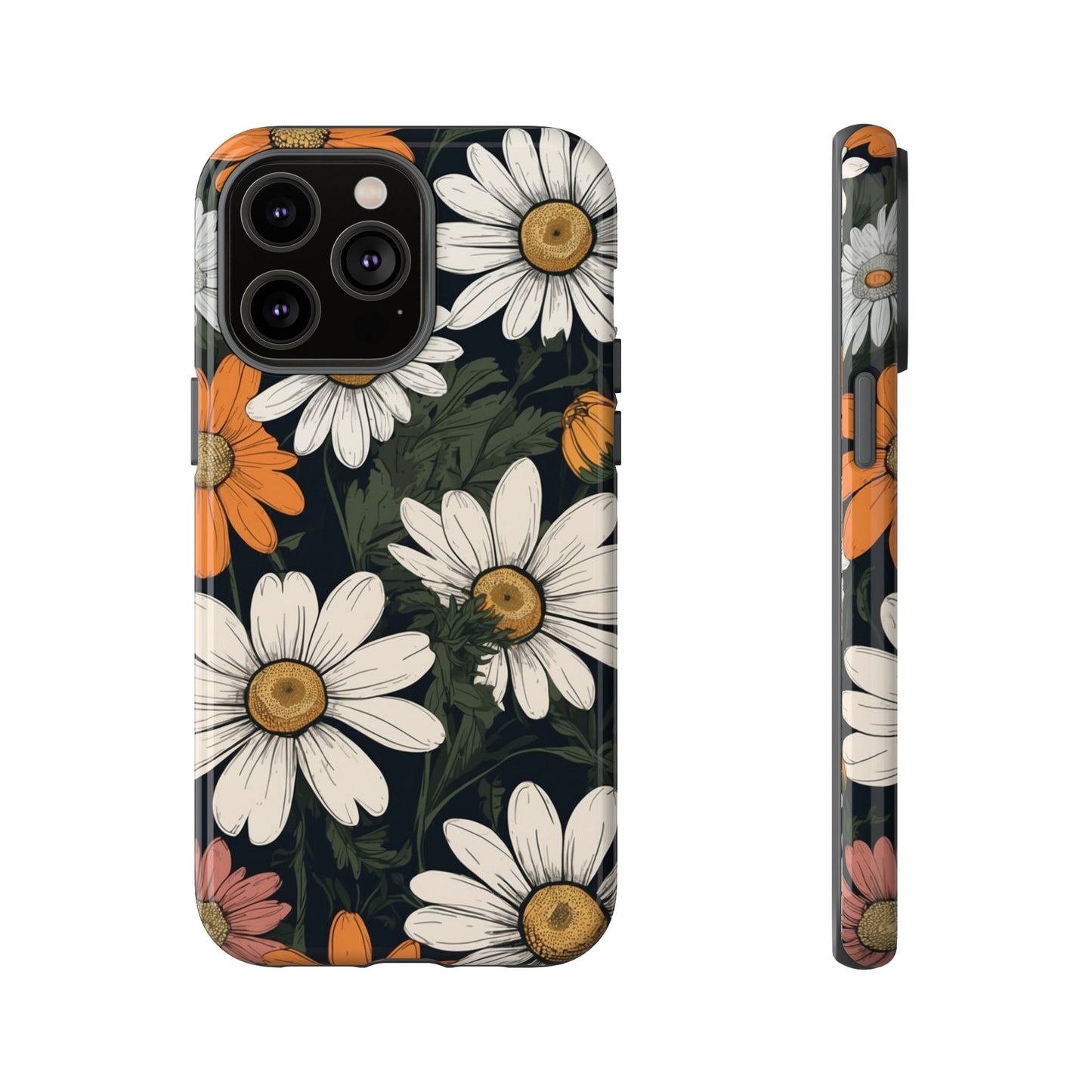 iPhone 14 Pro Max / Glossy Phone Case - Boho Chic Daisies Floral Pattern ’White Orange & Pink’ Phone Case