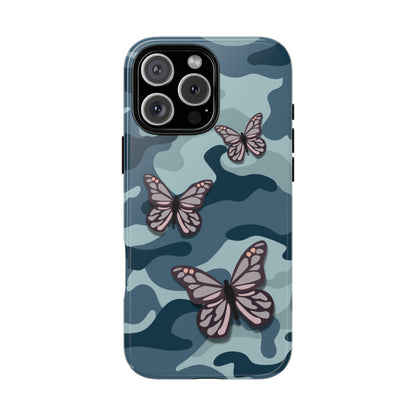 Dark Blue Butterfly Camo Phone Case - Blue Phone Case - iPhone 16 Pro Max / Glossy