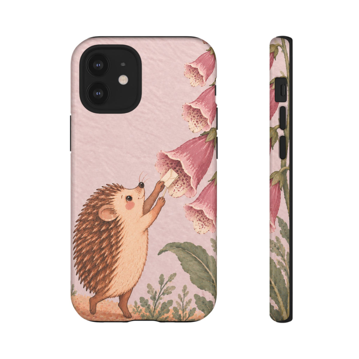 Whimsical Blush Pink Hedgehog and Foxglove Phone Case - Pink Phone Case - iPhone 12 Mini / Glossy