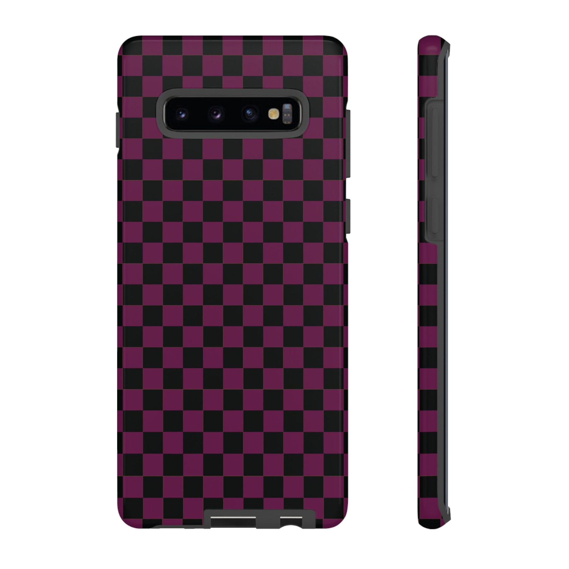 Samsung Galaxy S10 Plus / Glossy Phone Case - Trendy Plum & Black Small Checked Pattern Phone Case