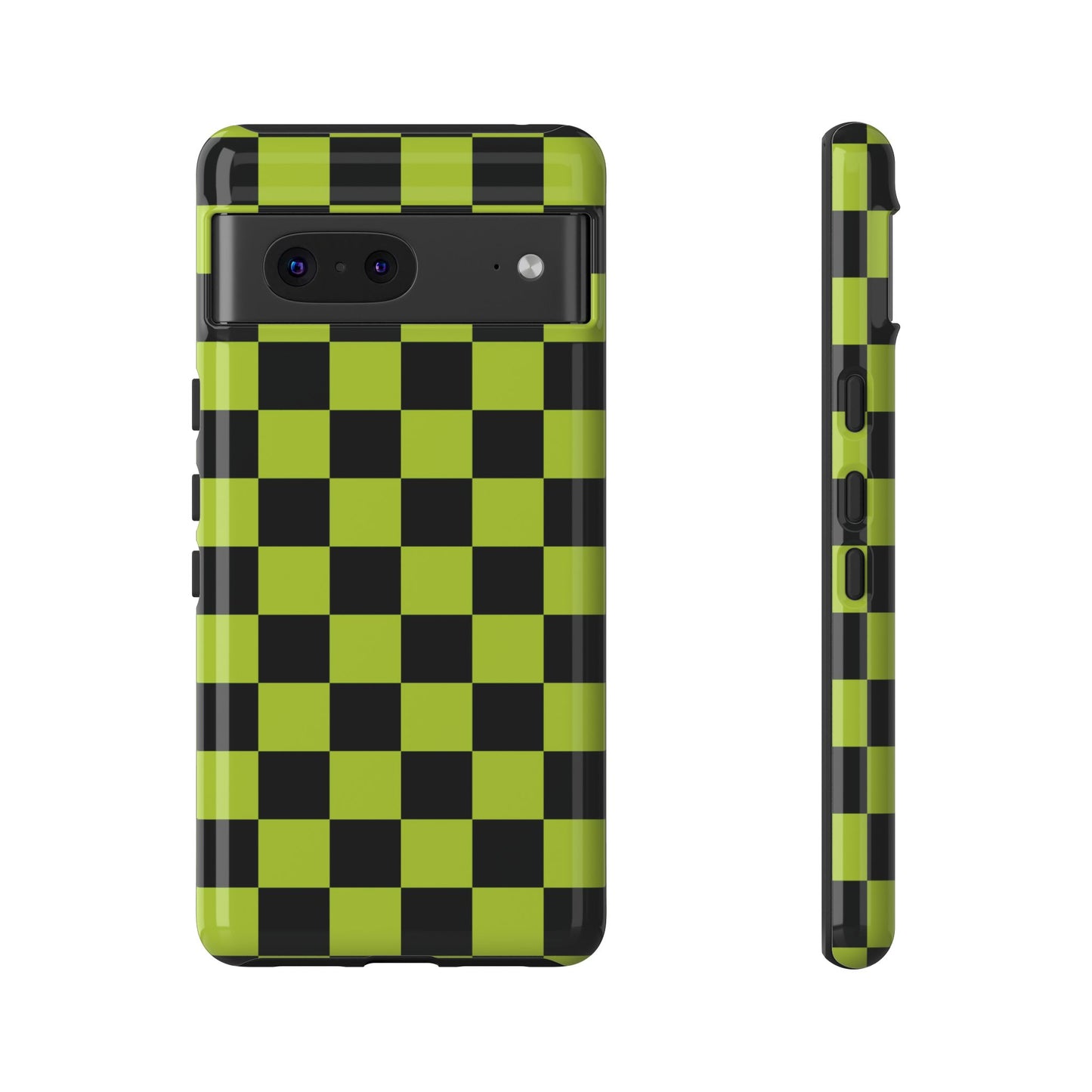 Google Pixel 7 / Glossy Phone Case - Trendy Neon Lime Green & Black Checked Pattern Phone Case