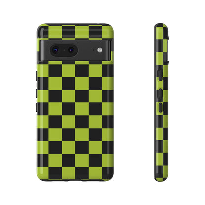 Google Pixel 7 / Glossy Phone Case - Trendy Neon Lime Green & Black Checked Pattern Phone Case