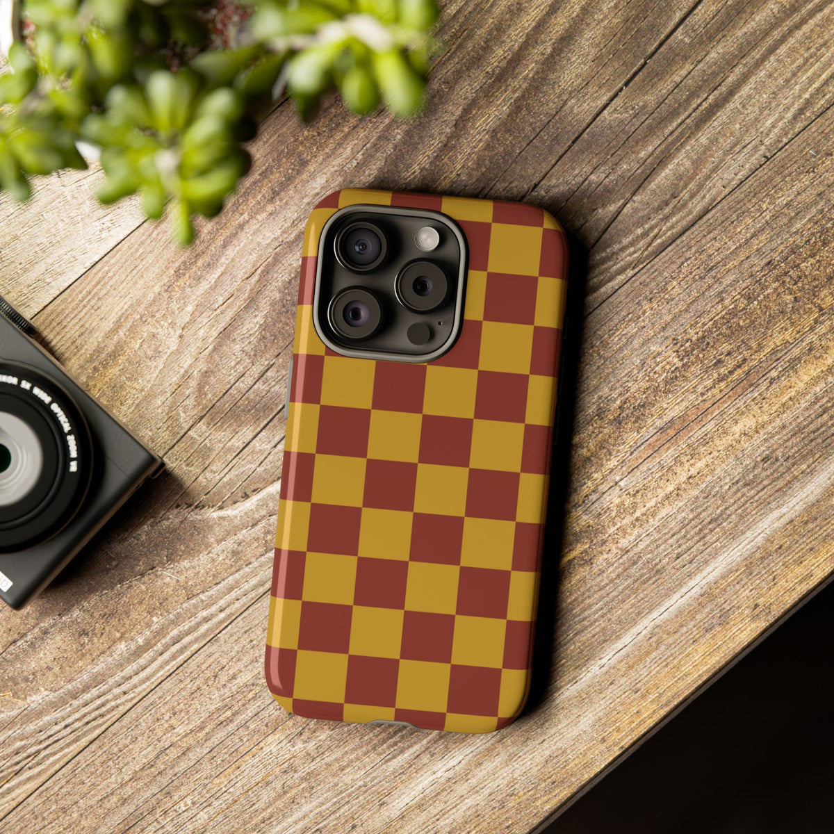 Trendy Mustard & Burgandy Checked Pattern Phone Case - Brown Phone Case
