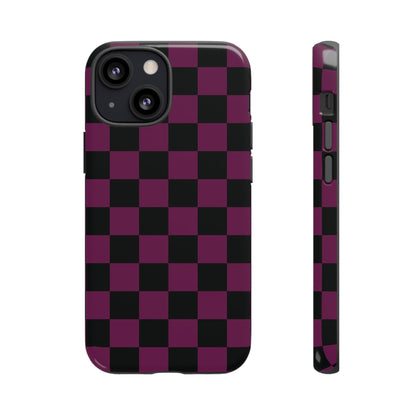 iPhone 13 Mini / Glossy Phone Case - Trendy Plum & Black Checked Pattern Phone Case