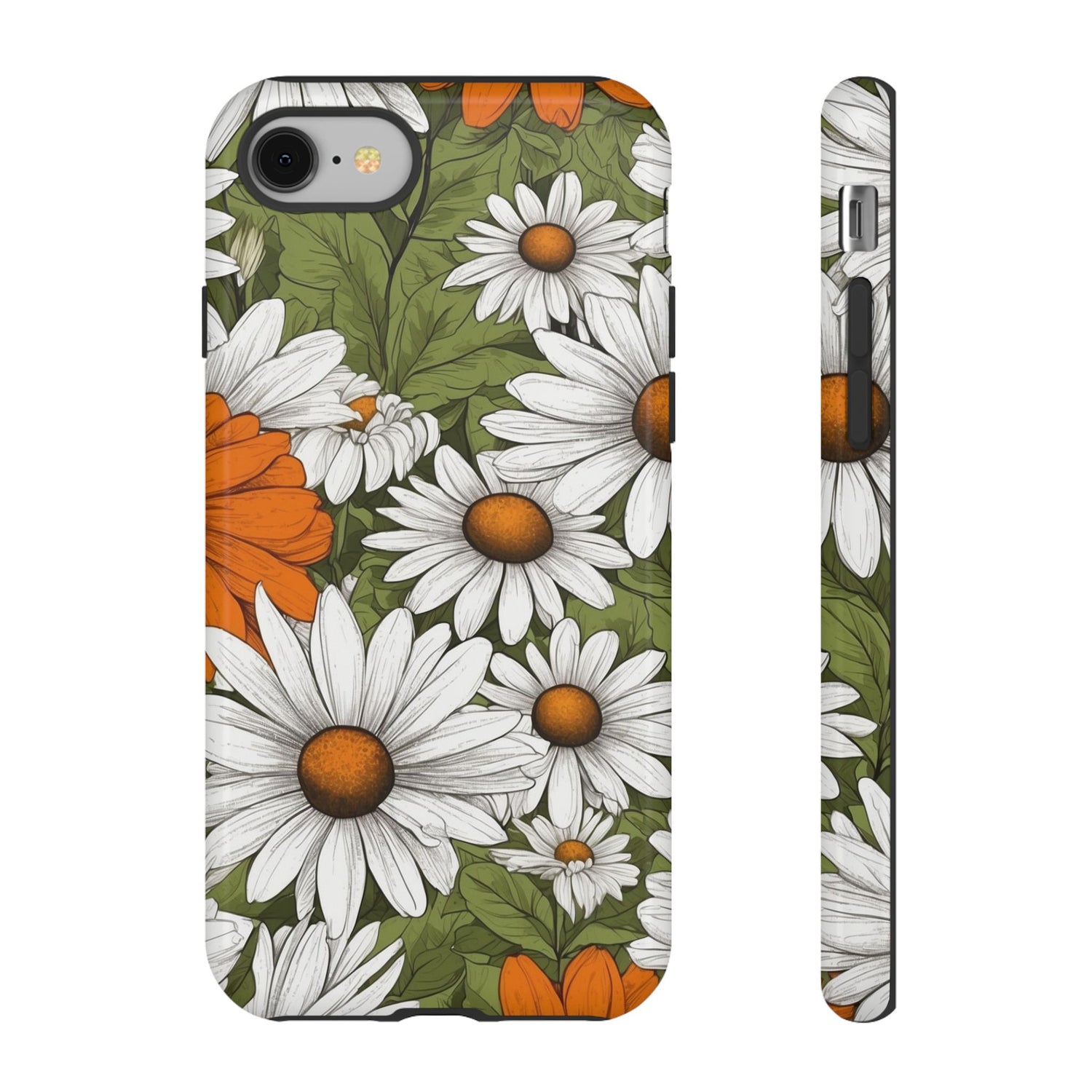 iPhone 8 / Glossy Phone Case - Boho Chic Daisies Floral Pattern ’White Orange & Green’ Phone Case