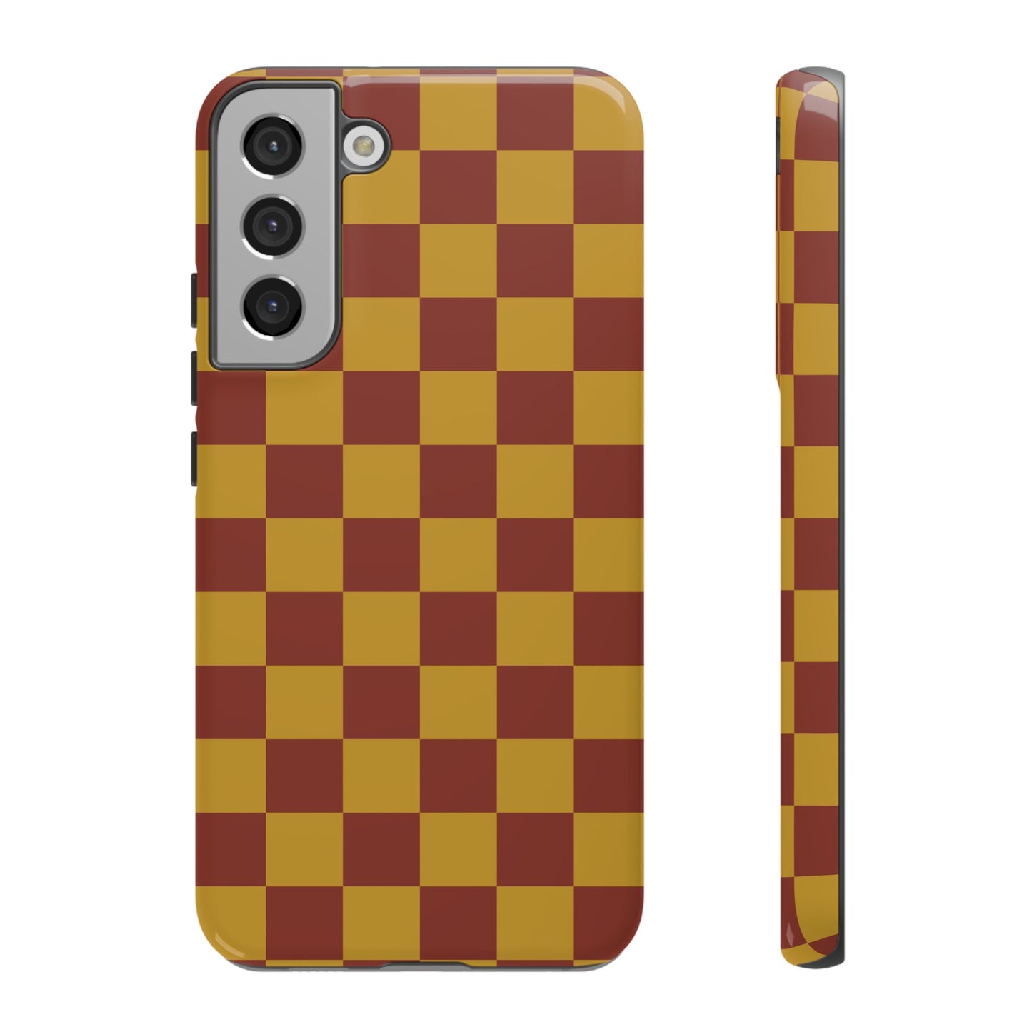 Samsung Galaxy S22 Plus / Glossy Phone Case - Trendy Mustard & Burgandy Checked Pattern Phone Case