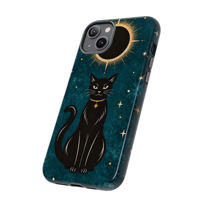 Whimsical Teal Celestial Black Cat Phone Case