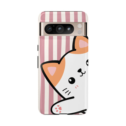 Playful Peakaboo Cat with Pink Stripe Pattern Phone Case - Pink Phone Case - Google Pixel 8 Pro / Glossy
