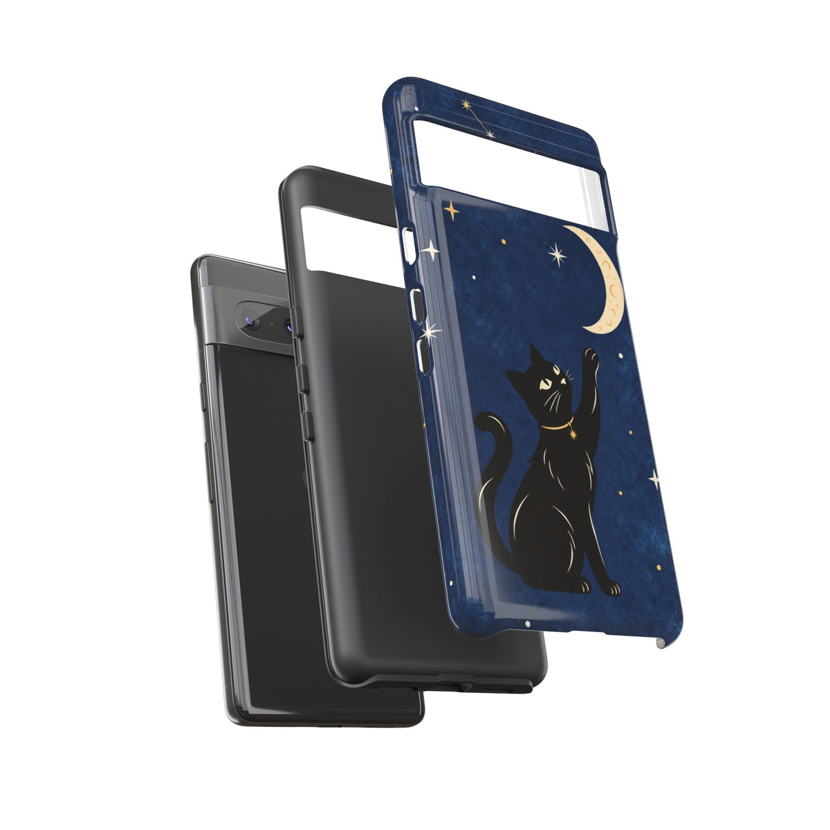 Whimsical Navy Blue Celestial Black Cat Phone Case