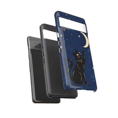 Whimsical Navy Blue Celestial Black Cat Phone Case