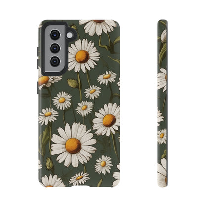 Samsung Galaxy S21 / Glossy Phone Case - Boho Chic Daisies Floral Pattern ’White & Green’ Phone Case