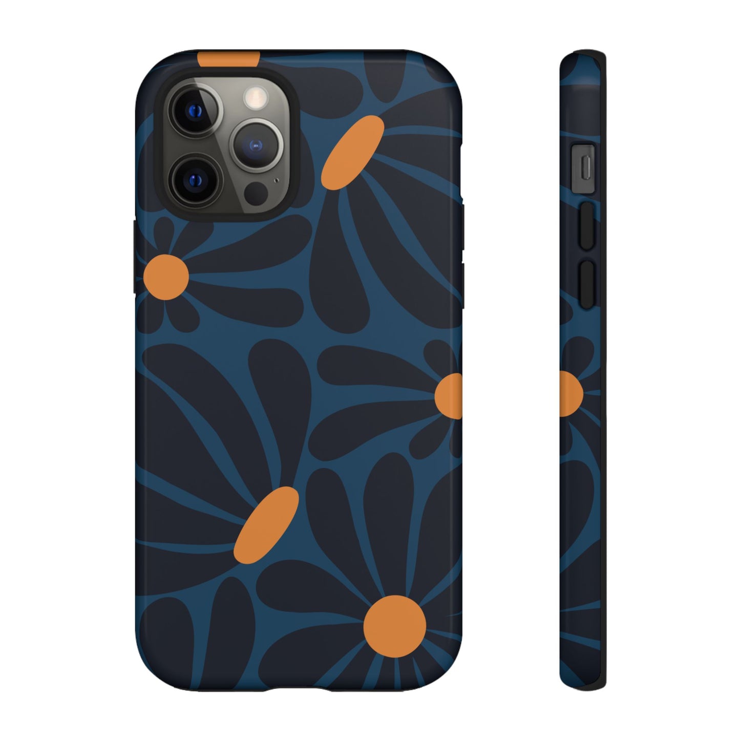 iPhone 12 Pro / Glossy Phone Case - ’Dark Blue & Orange Daisy Pattern’ Phone Case