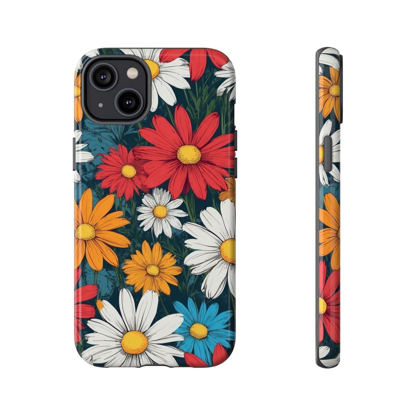 iPhone 14 Plus / Glossy Phone Case - Pop Art Daisies Illustration ’Red & Orange’ Phone Case