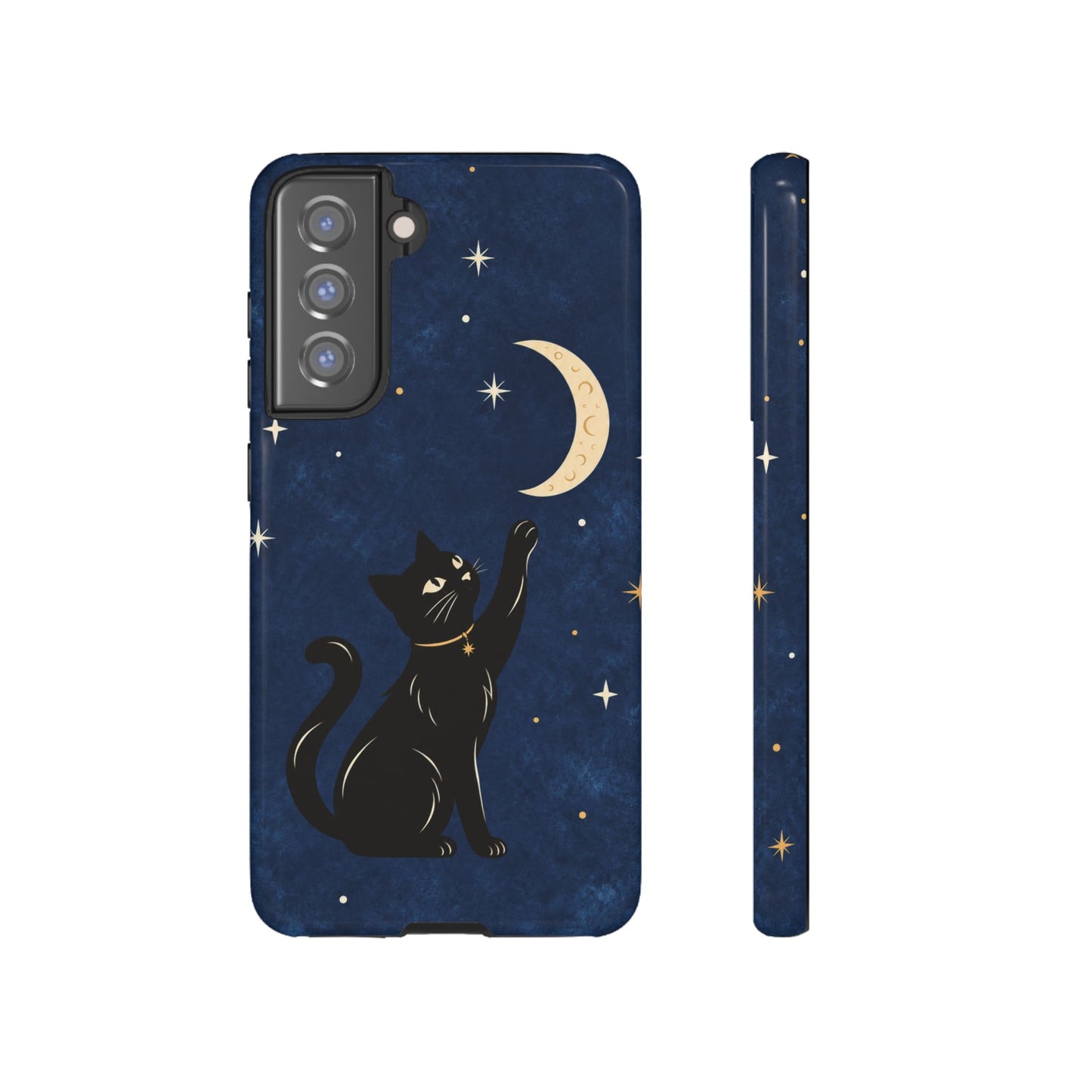 Whimsical Navy Blue Celestial Black Cat Phone Case