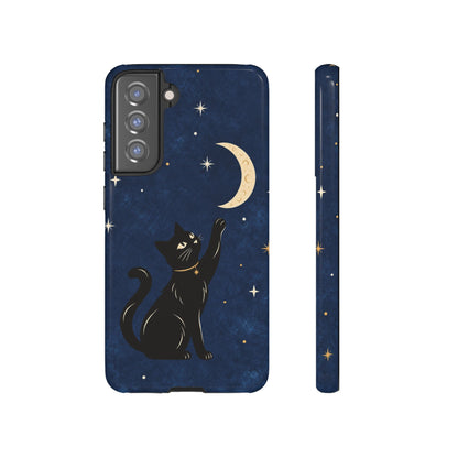 Whimsical Navy Blue Celestial Black Cat Phone Case