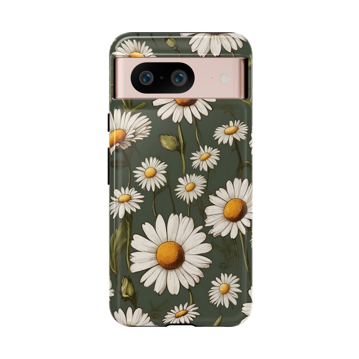 Google Pixel 8 / Glossy Phone Case - Boho Chic Daisies Floral Pattern ’White & Green’ Phone Case