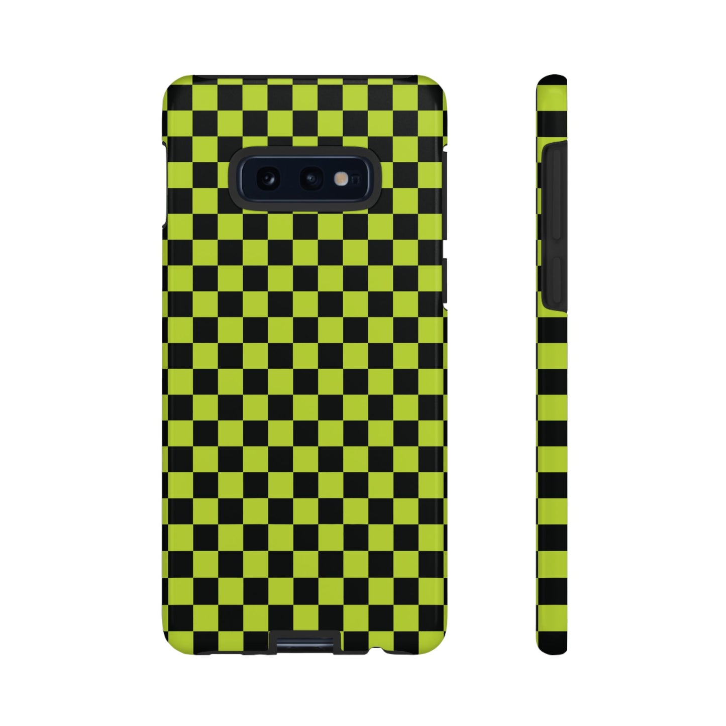 Samsung Galaxy S10E / Glossy Phone Case - Trendy Neon Lime Green & Plum Small Checked Pattern Phone Case