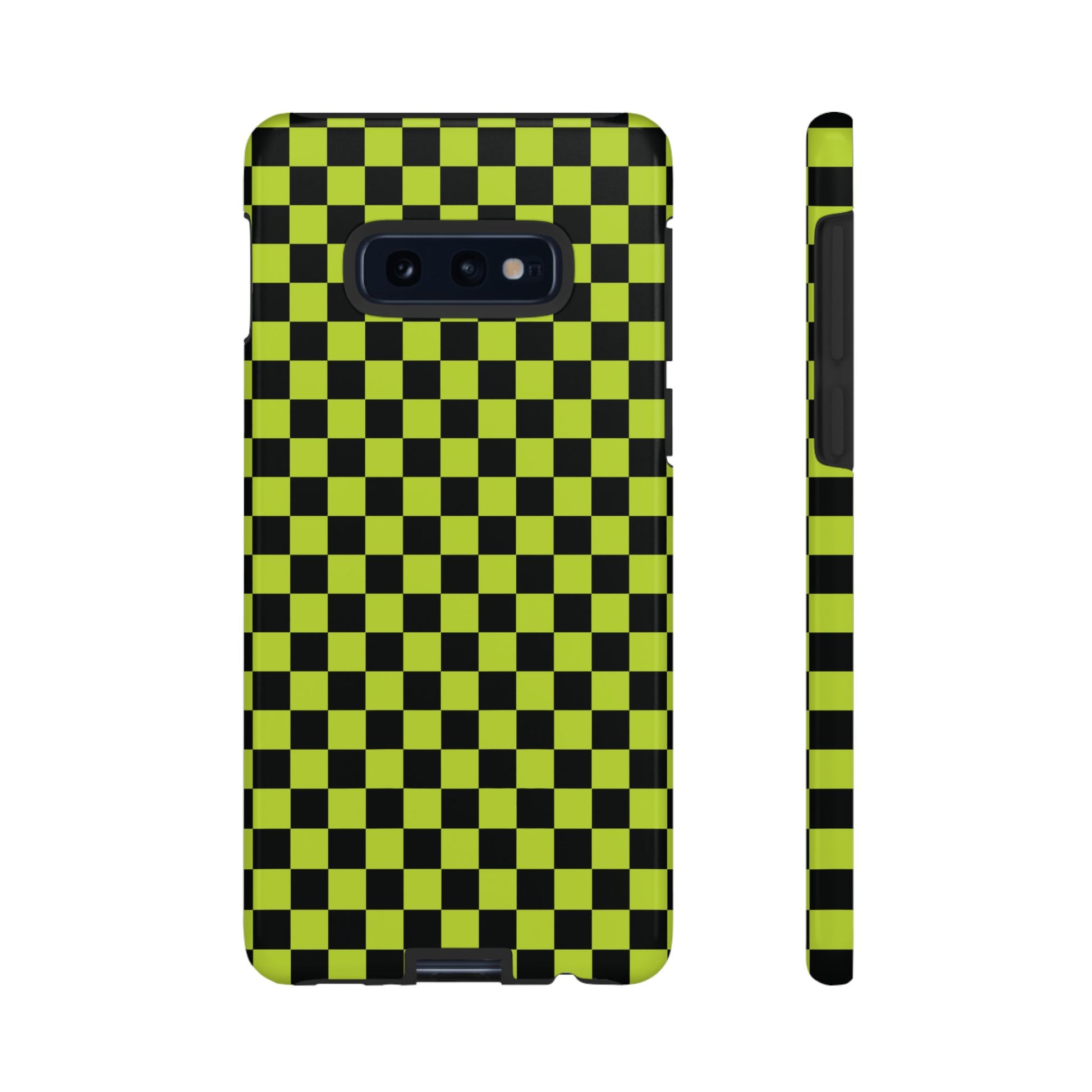 Samsung Galaxy S10E / Glossy Phone Case - Trendy Neon Lime Green & Plum Small Checked Pattern Phone Case