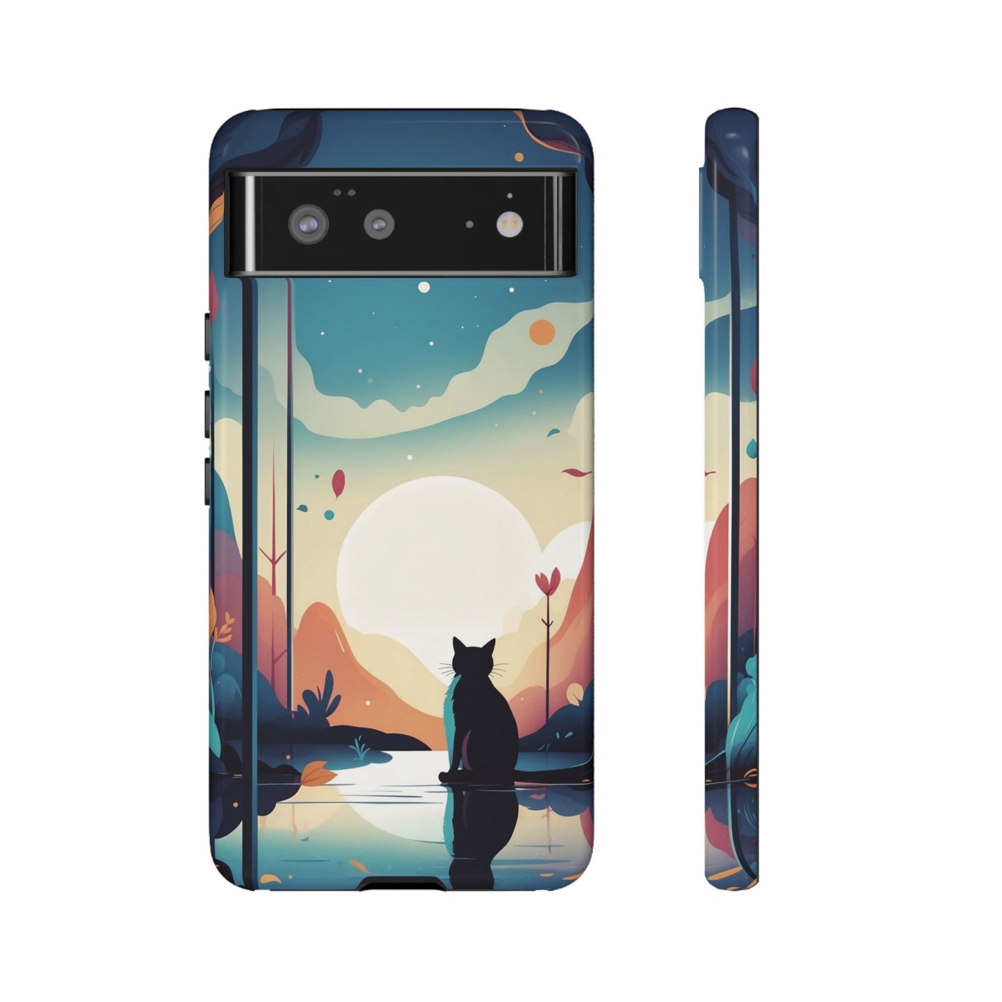 Google Pixel 6 / Glossy Phone Case - Stylised Cat & Moon Design Phone Case
