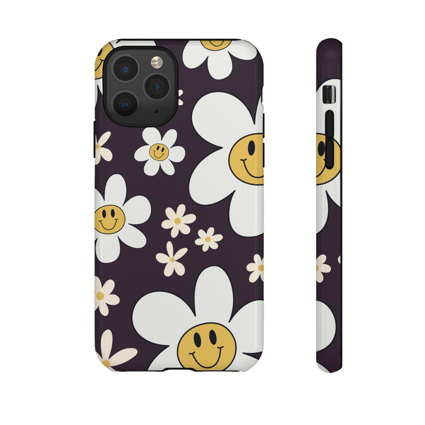 iPhone 11 Pro / Glossy Phone Case - Fun Retro Daisy Pattern with Purple Background Phone Case